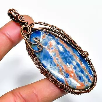 Подвеска из медной проволоки ручной работы с драгоценным камнем содалитом 3,15 дюйма 3.15 синий