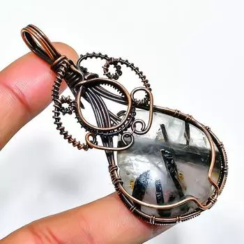 Подвеска из медной проволоки ручной работы с черным рутиловым драгоценным камнем 2,76 дюйма 2.76 чёрный