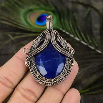 Подвеска из медной проволоки ручной работы с натуральным драгоценным камнем сапфиром 2,56 дюйма t5d32