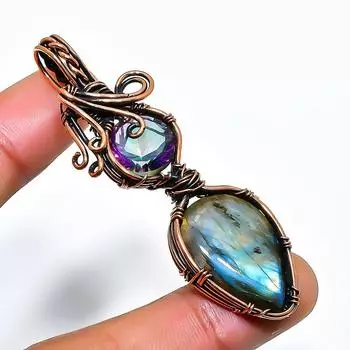 Подвеска из медной проволоки ручной работы с лабрадоритом и топазом, 2,56 дюйма 2.56 чёрный