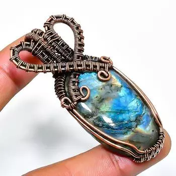 Подвеска из медной проволоки ручной работы с драгоценным камнем лабрадоритом 2,44 дюйма 2.44 чёрный