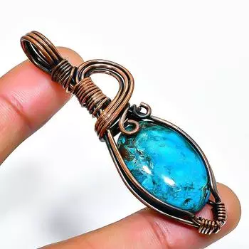 Подвеска из медной проволоки ручной работы с драгоценным камнем хризоколла 2,56 дюйма 2.56 синий