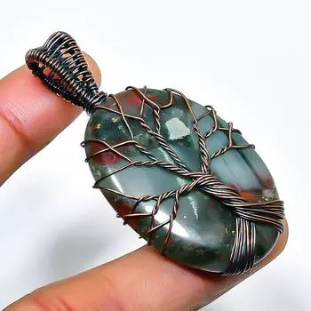 Подвеска из медной проволоки ручной работы с драгоценным камнем-кровавым камнем 2,17 дюйма 2.17 зелёный