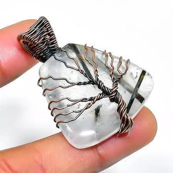 Подвеска из медной проволоки ручной работы с черным рутиловым драгоценным камнем 1,58 дюйма 1.58 чёрный