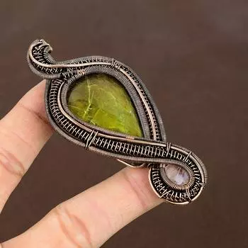 Подвеска из медной проволоки ручной работы с натуральным зеленым опалом и розовым кварцем, длина 3,54 дюйма m6S29