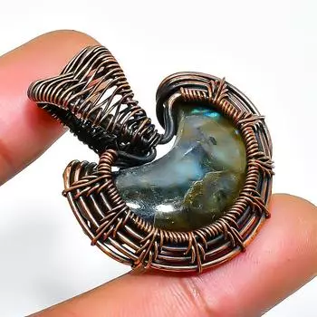 Подвеска из медной проволоки ручной работы с драгоценным камнем лабрадоритом 1,38 дюйма 1.38 чёрный