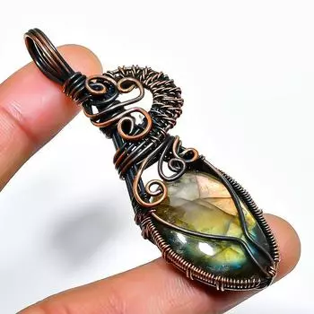 Подвеска из медной проволоки ручной работы с драгоценным камнем лабрадоритом 2,88 дюйма 2.88 чёрный