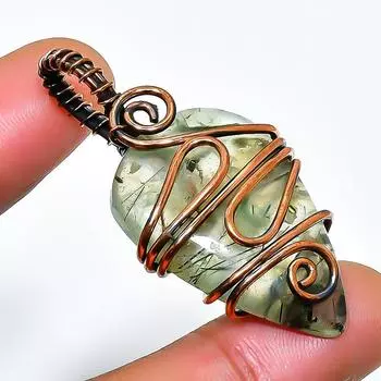 Подвеска из медной проволоки ручной работы с драгоценным камнем моховым пренитом 1,77 дюйма 1.77 зелёный