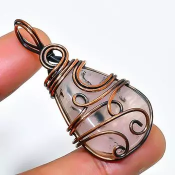 Подвеска из медной проволоки ручной работы с драгоценным камнем розового кварца 1,77 дюйма 1.77 розовый