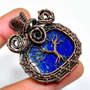 Подвеска из медной проволоки ручной работы с драгоценным камнем лазурит 1,77 дюйма 1.77 синий