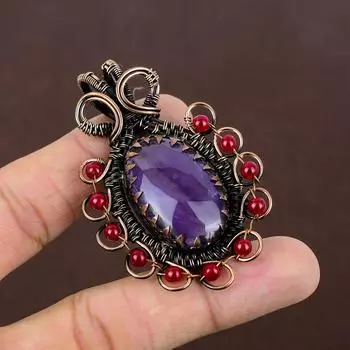 Подвеска из медной проволоки ручной работы с натуральным аметистом и гранатом, длина 2,56 дюйма, E3H41