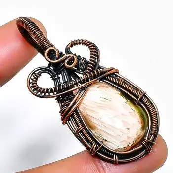 Подвеска из медной проволоки ручной работы со сколецитом и драгоценным камнем 2,09 дюйма 2.09 белый