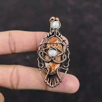 Подвеска из медной проволоки с астероидом и яшмой, кулон ручной работы, уникальный кулон, кулон из драгоценного камня, Радужный лунный камень, ювелирное изделие, подарок для нее