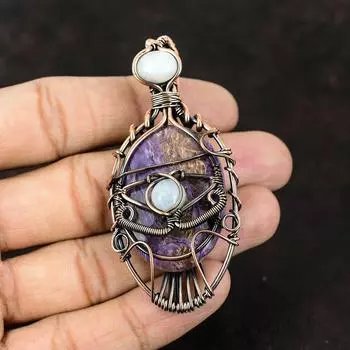 Подвеска из медной проволоки с чароитом от сглаза, подвеска ручной работы из драгоценного камня, подвеска из радужного лунного камня, замечательная бижутерия от сглаза, подарок для матери