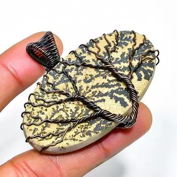 Подвеска из медной проволоки с дендритом из драгоценного камня псиломелана 1,65 дюйма 1.65 коричневый