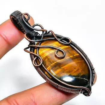 Подвеска из медной проволоки с драгоценным камнем тигровый глаз, ручная работа, 2,56 дюйма 2.56 жёлтый