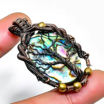 Подвеска из медной проволоки с драгоценным камнем в виде ракушки абалон 1,77 дюйма 1.77 синий