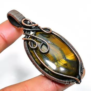 Подвеска из медной проволоки с драгоценным камнем тигровый глаз, ручная работа, 2,56 дюйма 2.56 жёлтый