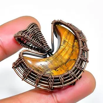 Подвеска из медной проволоки с драгоценным камнем тигровый глаз, ручная работа, 1,38 дюйма 1.38 жёлтый