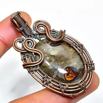 Подвеска из медной проволоки с драгоценным камнем и ископаемым, ручная работа, 2,17 дюйма 2.17 коричневый