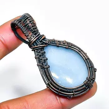 Подвеска из медной проволоки с драгоценным камнем ангелит 2,09 дюйма 2.09 синий