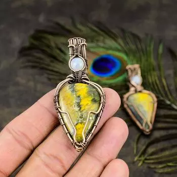 Подвеска из медной проволоки с натуральной шмельной яшмой и лунным камнем, 2,68 дюйма, W6M65