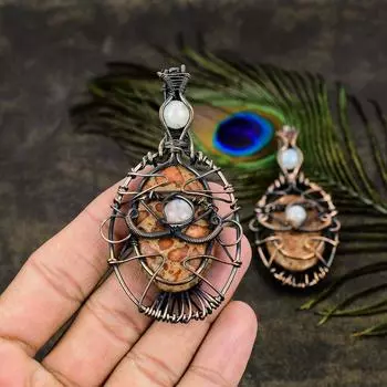 Подвеска из медной проволоки с натуральной кожей леопарда и лунным камнем, 3,35 дюйма b1q48