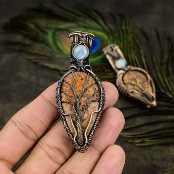 Подвеска из медной проволоки с натуральной кожей леопарда и лунным камнем, 2,80 дюйма, s4y15