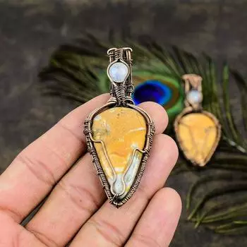 Подвеска из медной проволоки с натуральной малинговой яшмой и лунным камнем, 2,76 дюйма, A4D55