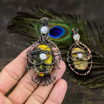 Подвеска из медной проволоки с натуральной шмельной яшмой и лунным камнем, длина 3,66 дюйма, длина 3 м18