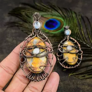 Подвеска из медной проволоки с натуральной шмельной яшмой и лунным камнем, 3,35 дюйма t3m93