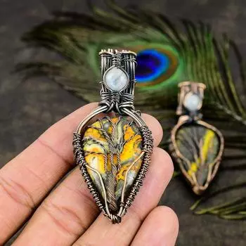 Подвеска из медной проволоки с натуральной шмельной яшмой и лунным камнем, 2,60 дюйма, n7z38