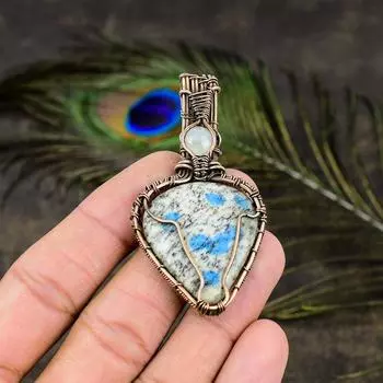 Подвеска из медной проволоки с натуральным азуритом K2 и лунным камнем, длина 2,64 дюйма, E3w11