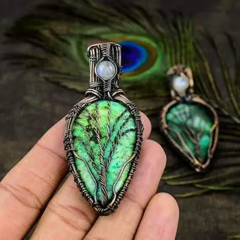 Подвеска из медной проволоки с натуральным зеленым дендритным лунным камнем и драгоценным камнем, длина 2,96 дюйма, R6p74