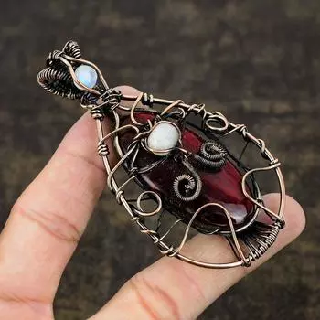 Подвеска из медной проволоки с натуральным красным лабрадоритом и лунным камнем, длина 3,47 дюйма i4F82