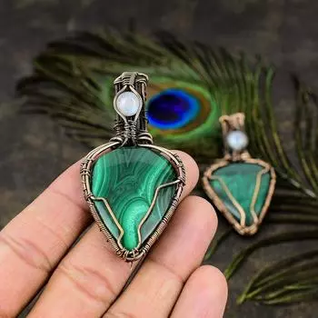 Подвеска из медной проволоки с натуральным малахитом и лунным камнем, длина 2,56 дюйма, j0h81