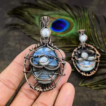 Подвеска из медной проволоки с натуральным опалом Оуихи и лунным камнем, длиной 2,76 дюйма, m8w79