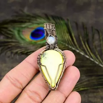 Подвеска из медной проволоки с натуральным желтым дендритным лунным камнем и драгоценным камнем, 2,64 дюйма, r5M34