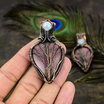 Подвеска из медной проволоки с натуральным родонитом и лунным камнем, длина 2,80 дюйма, K0H69