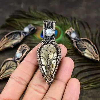 Подвеска из медной проволоки с натуральным пиритовым агатом и лунным камнем, длина 2,88 дюйма, G5q61