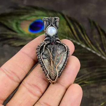 Подвеска из медной проволоки с натуральным плюмовым агатом и лунным камнем, 2,88 дюйма, Z2g02