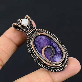 Подвеска из медной проволоки с натуральным русским чароитом и лунным камнем, 2,36 дюйма, t5e20