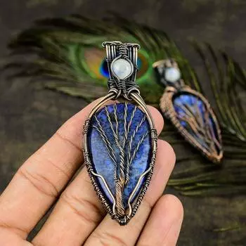 Подвеска из медной проволоки с натуральным синим дендритом и лунным камнем, 3,23 дюйма, r1H47