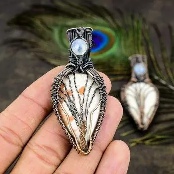 Подвеска из медной проволоки с натуральным оранжевым сколецитом и лунным камнем, 3,35 дюйма, U2P85