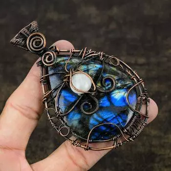 Подвеска из медной проволоки с натуральным лабрадоритом и лунным камнем, 3,78 дюйма, e4w52