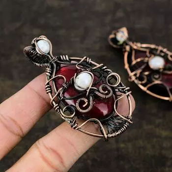 Подвеска из медной проволоки с натуральным красным лабрадоритом и лунным камнем, 2,88 дюйма p1M37