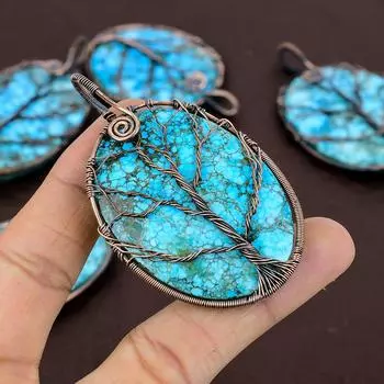 Подвеска из медной проволоки с натуральным тибетским бирюзовым камнем «Древо жизни» 3,1 дюйма q1M42