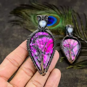 Подвеска из медной проволоки с натуральным розовым дендритным лунным камнем и драгоценным камнем, длина 2,76 дюйма, I1O55