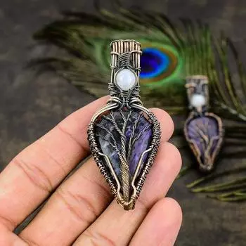 Подвеска из медной проволоки с натуральным русским чароитом и лунным камнем, длина 2,76 дюйма, l5v37