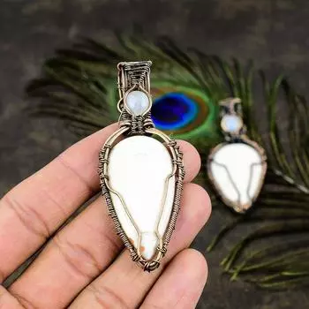 Подвеска из медной проволоки с натуральным оранжевым сколецитом и лунным камнем, длина 2,76 дюйма, o8O84